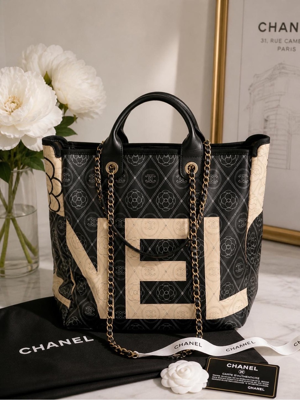 CHANEL Black & Cream Quilted Logo Tote with Chain-Strap Handles